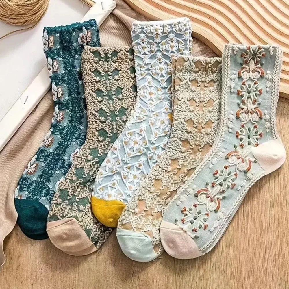 Women’s Socks Embroidery Floral Socks 5pairs Geometric Textured Mid Calf Socks
